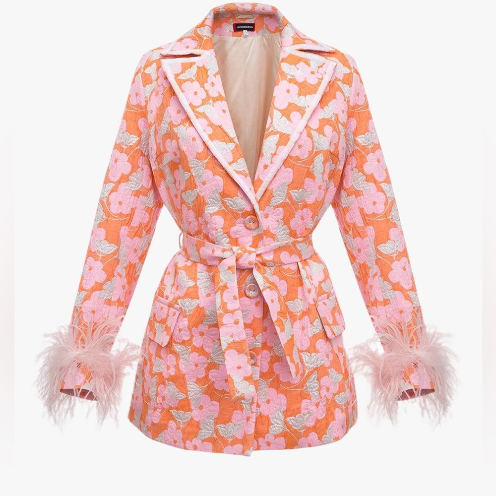 Floral Pink & Orange Belted Blazer Jacket with Feather Cuffs